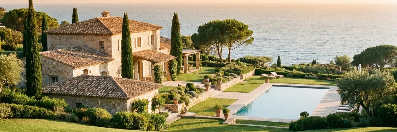 A stone villa with a pool overlooking the sea at golden hour