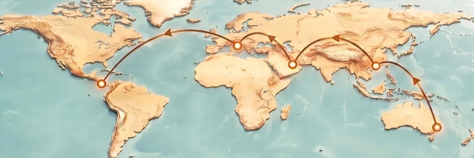 A relief world map with a copper route arcing between glowing nodes from the Americas to Australia