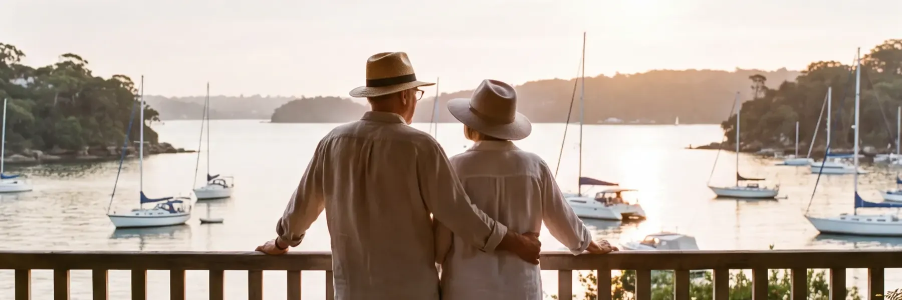 A couple in sun hats on a terrace rail, looking over a harbour bay of moored yachts at golden hour
