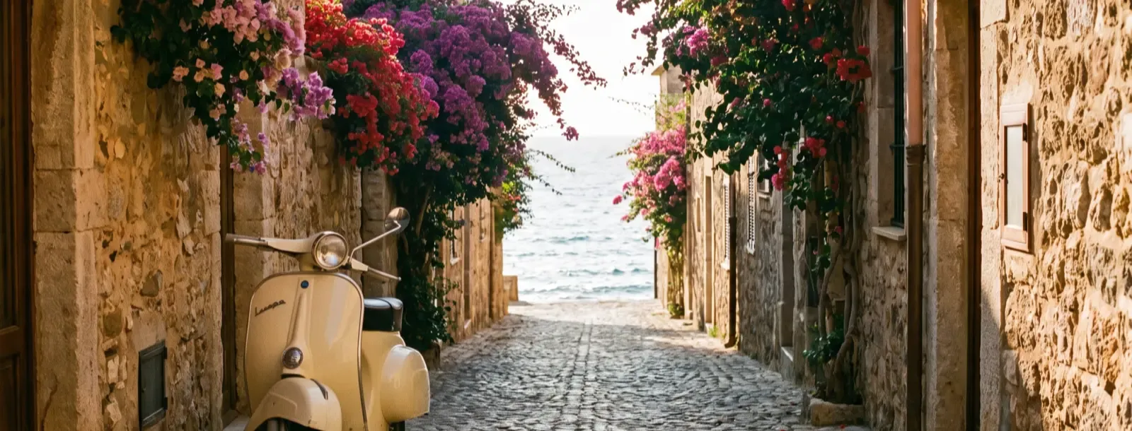 A cream vintage scooter parked in a cobbled lane draped in bougainvillea, with the sea at the end of the street