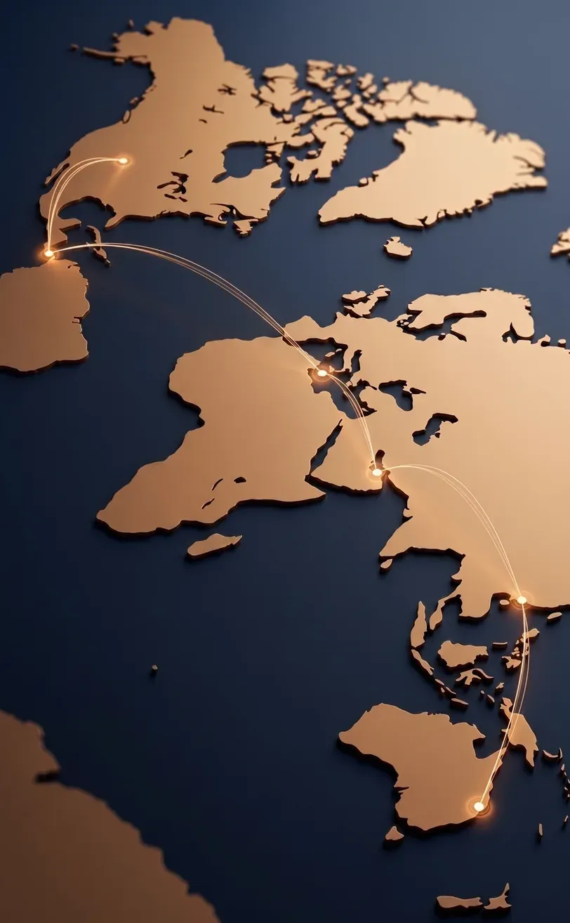 A brass relief world map on navy with glowing routes linking North America, Europe, Asia and Australia